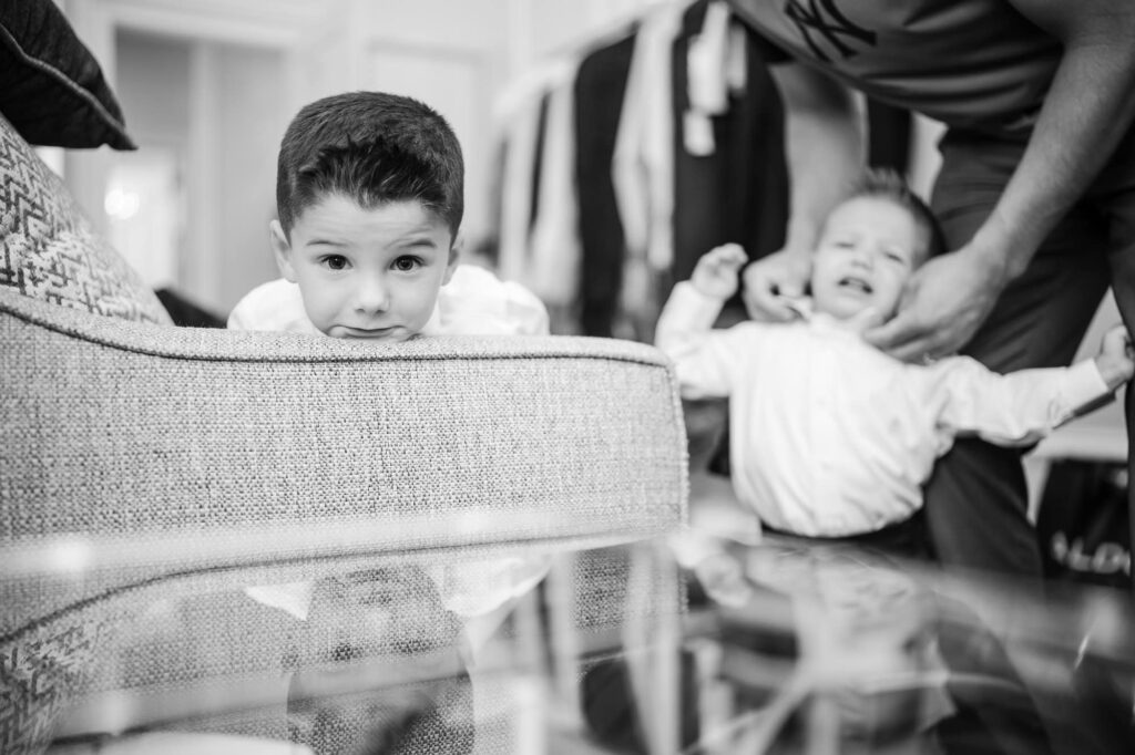 Portfolio 4 Ring bearer not cooperating during the getting ready before the wedding ceremony at the Rockleigh in New Jersey