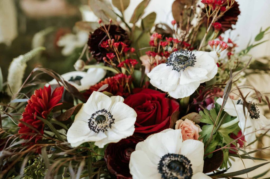 moody red and white bouquet a Atlanta wedding at historic Rhodes Hall